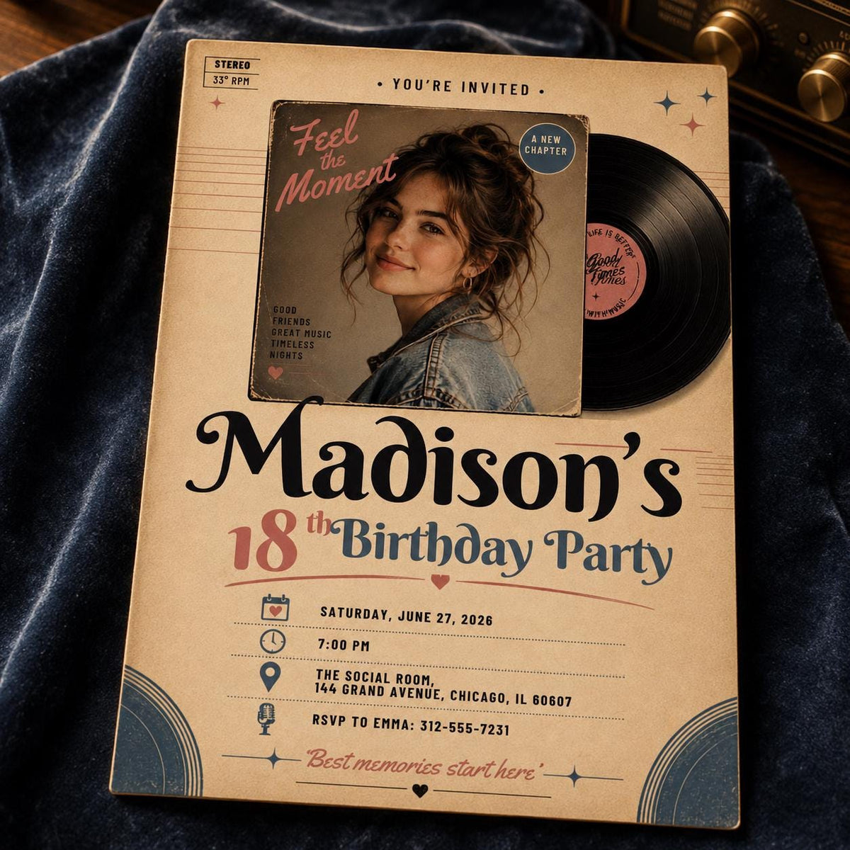 Vinyl Record Photo 18th Birthday Invitation in black and coral