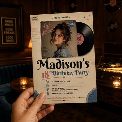 Vinyl Record Photo 18th Birthday Invitation — print-ready 18th birthday party design from VoltBy