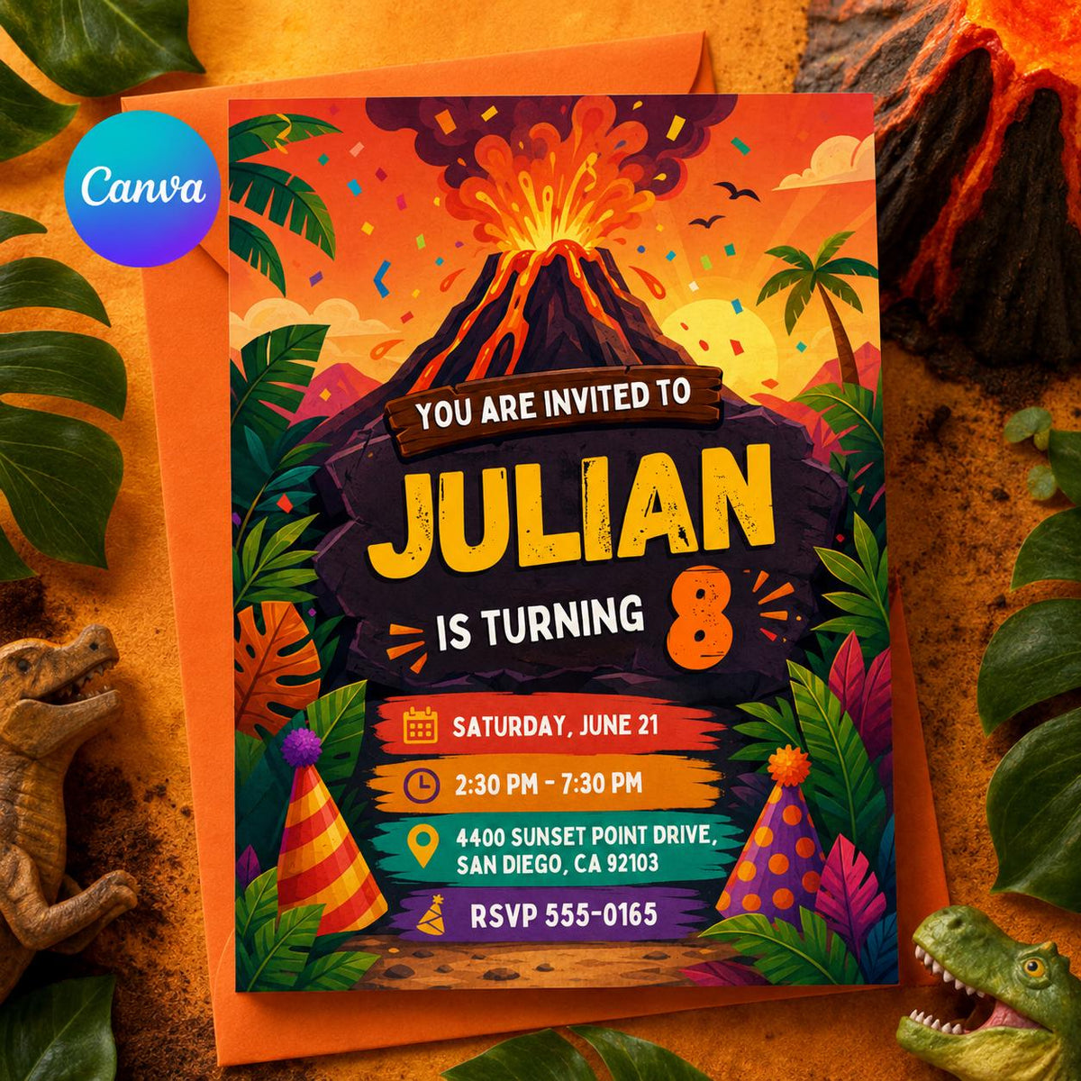 Volcano Birthday Invitation — editable Canva template