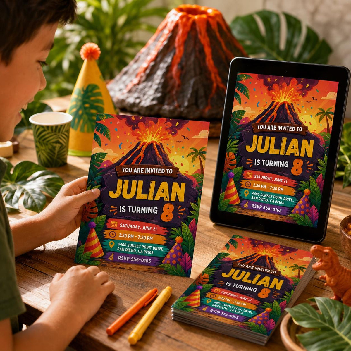 Volcano Birthday Invitation — print-ready birthday party design from VoltBy