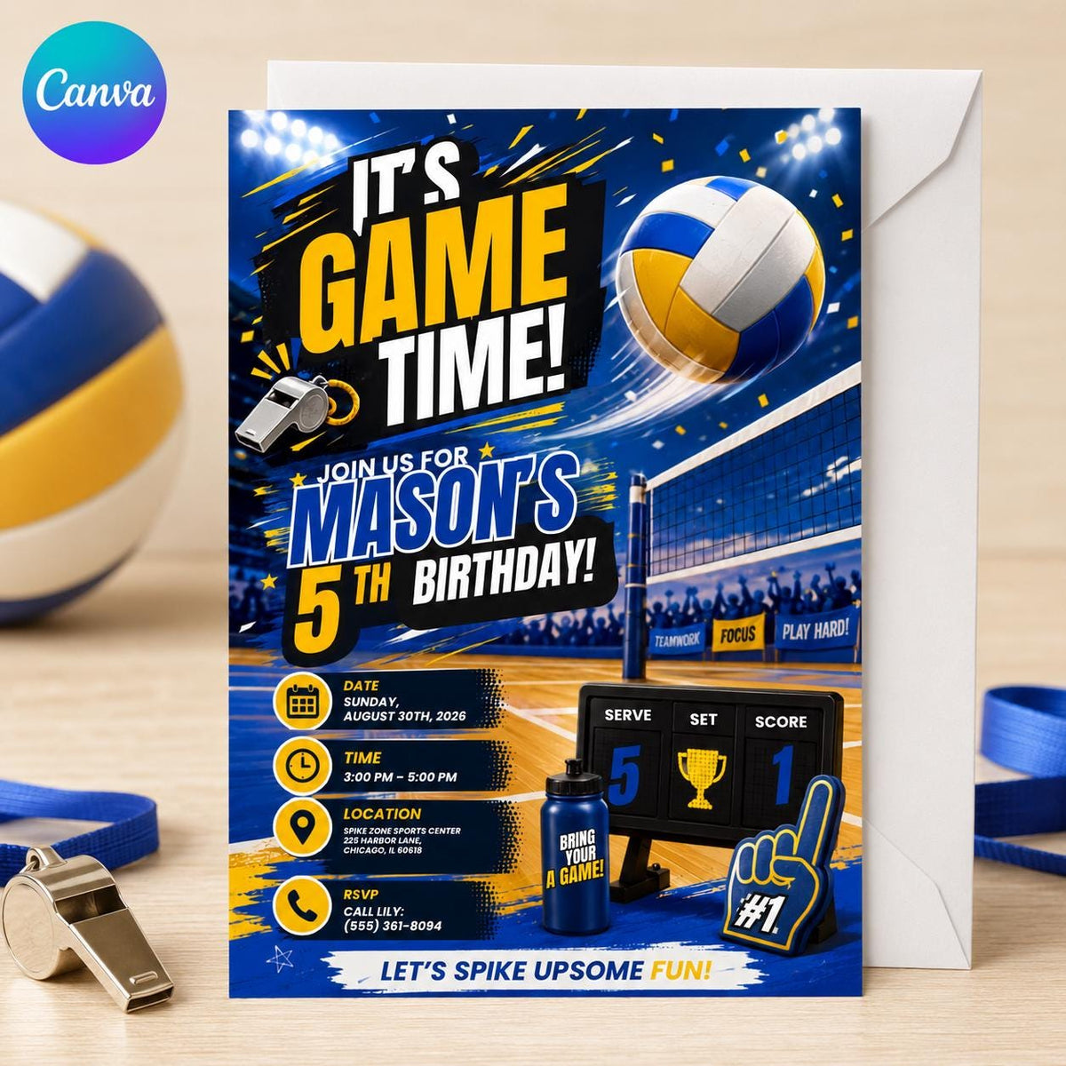 Volleyball 5th Birthday Invitation for Boys — editable Canva template
