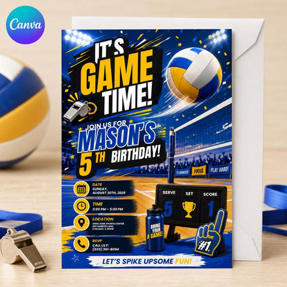 Volleyball 5th Birthday Invitation for Boys — editable Canva template