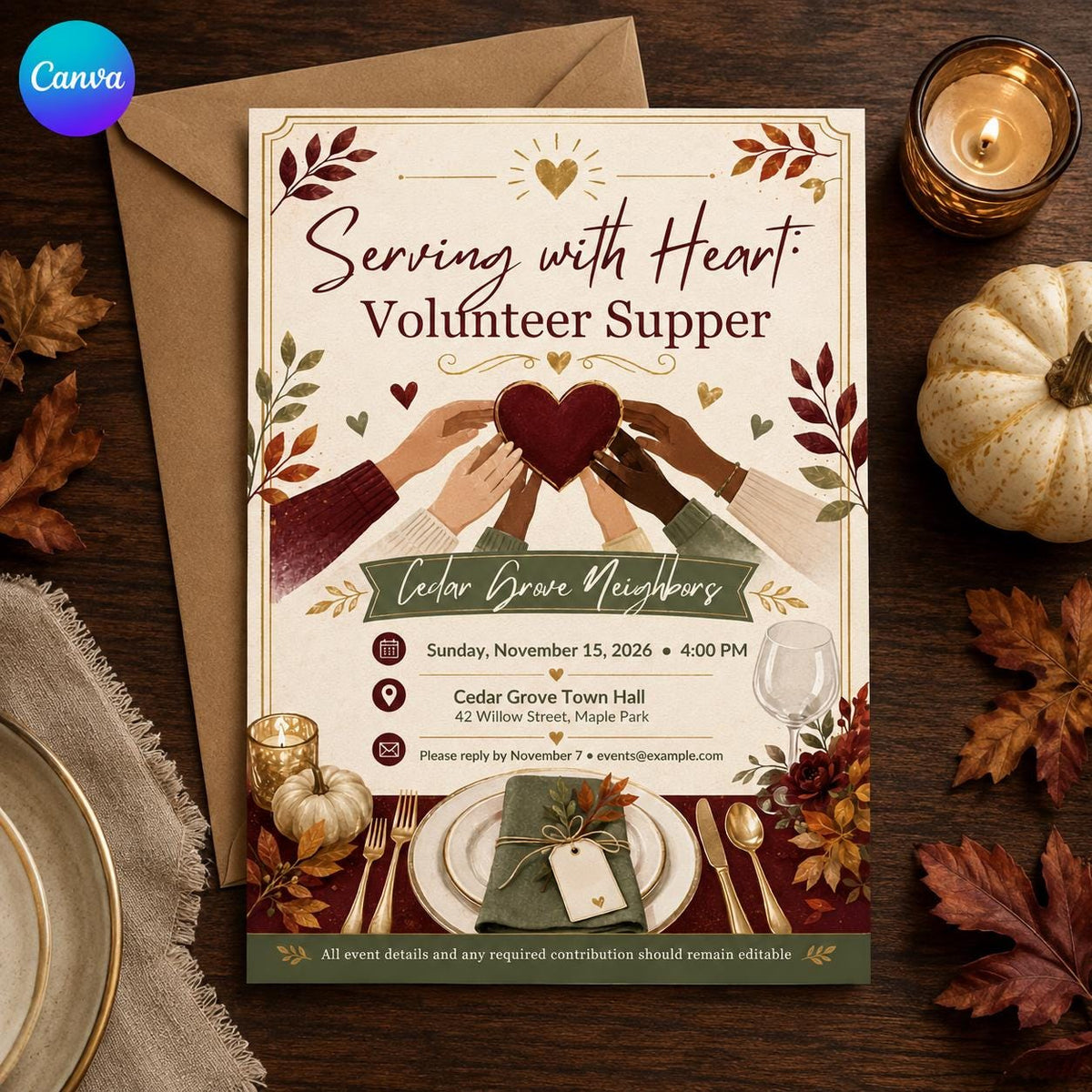 Volunteer Appreciation Dinner Invitation — editable Canva template