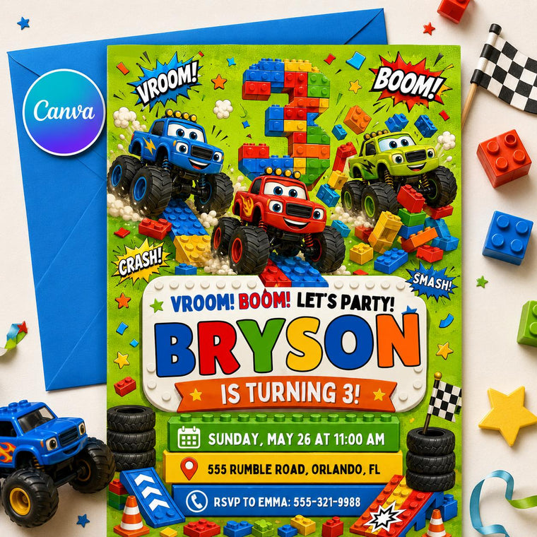 Vroom Boom Monster Truck Block 3rd Birthday Invitation