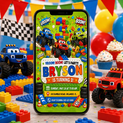 Vroom Boom Monster Truck Block 3rd Birthday Invitation — building blocks and monster truck design for a 3rd birthday party