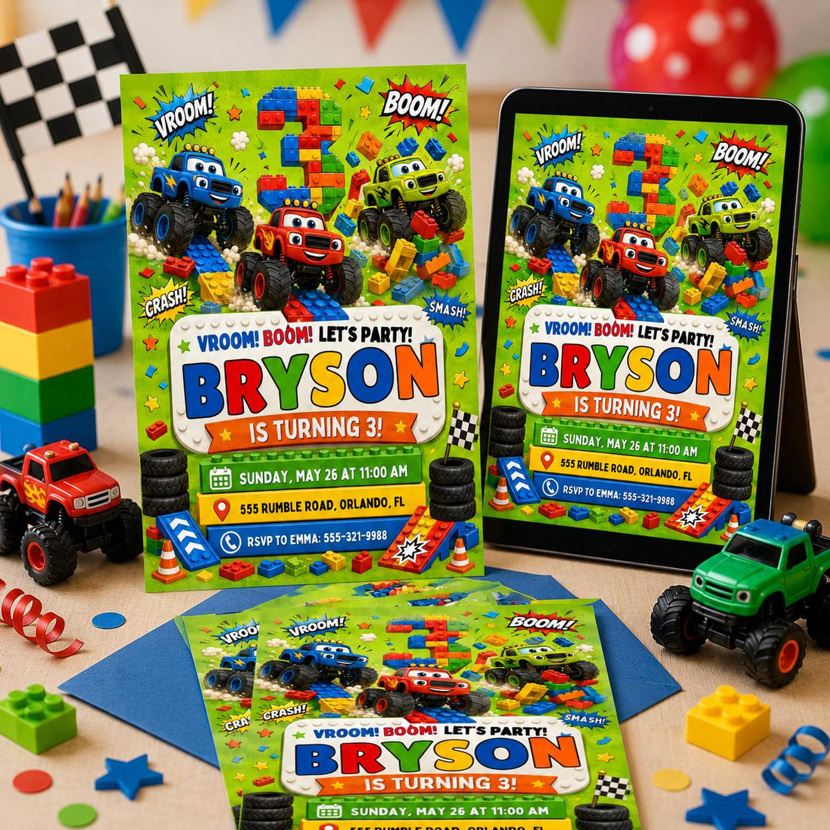Vroom Boom Monster Truck Block 3rd Birthday Invitation in blue and green