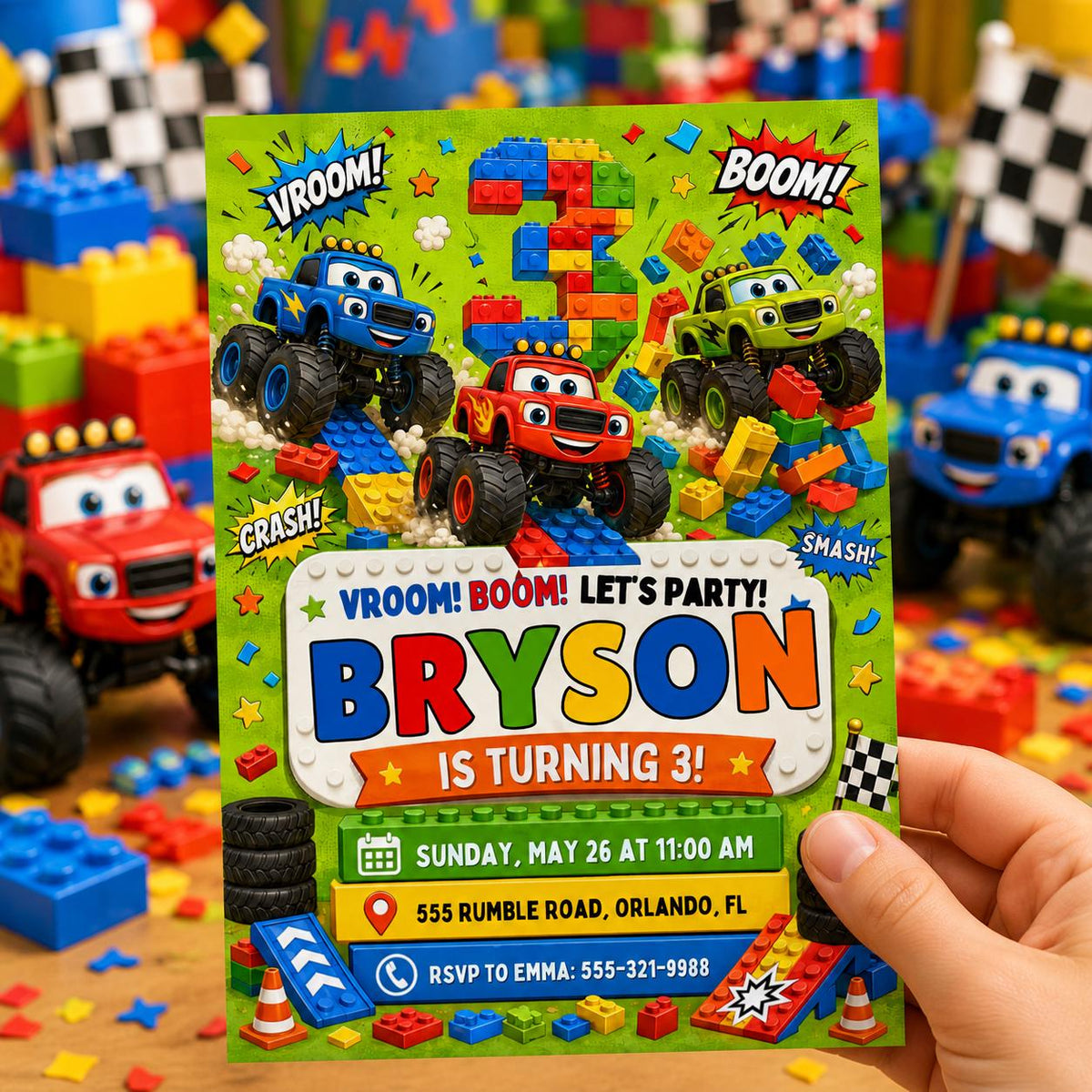 Vroom Boom Monster Truck Block 3rd Birthday Invitation — printable invitation from VoltBy
