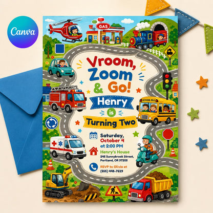 Vroom Zoom Go Birthday Invitation — editable Canva template