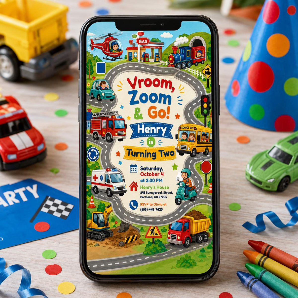 Vroom Zoom Go Birthday Invitation — invitation you personalize in Canva
