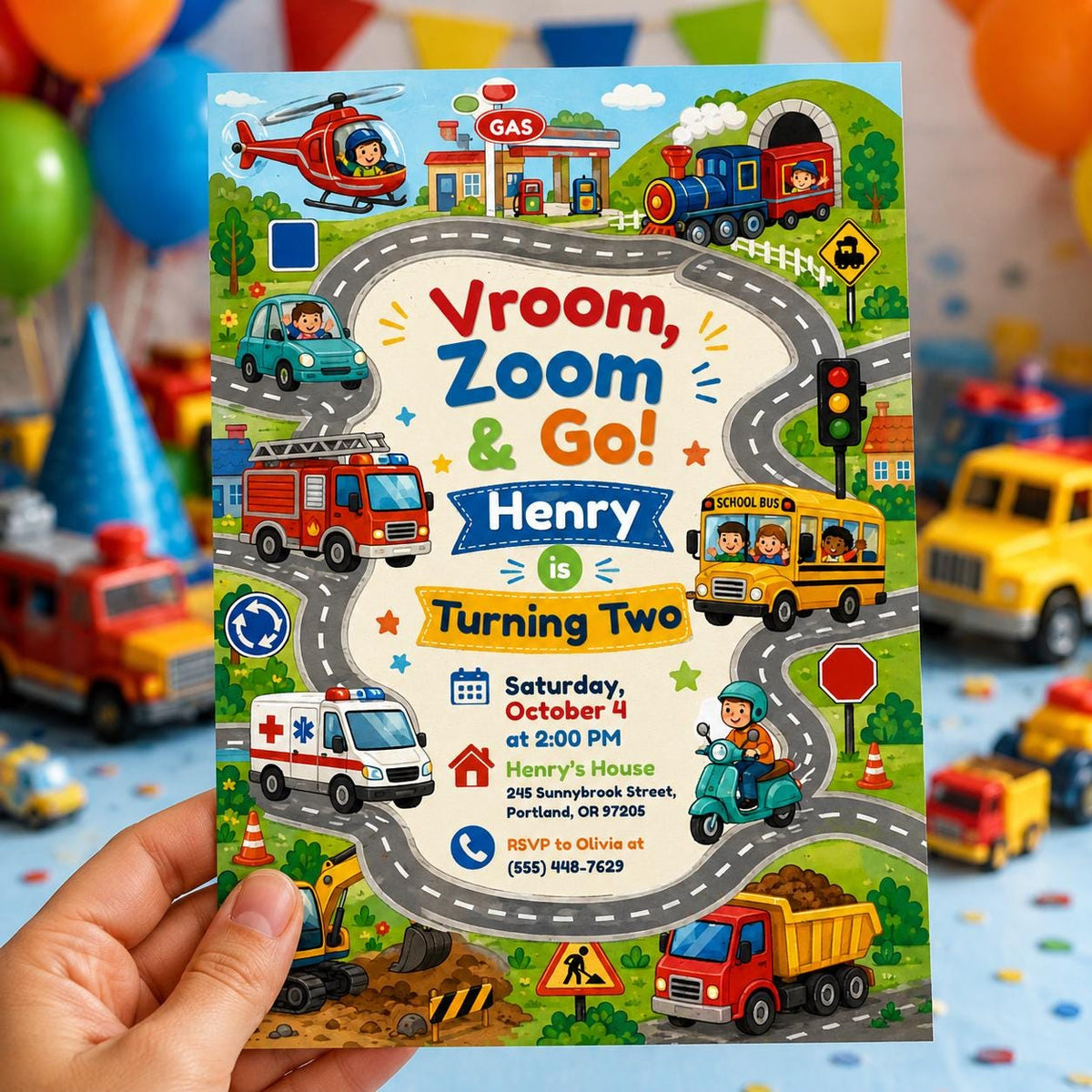 Vroom Zoom Go Birthday Invitation — print-ready birthday party design from VoltBy