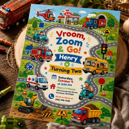 Vroom Zoom Go Birthday Invitation — digital invitation, instant download