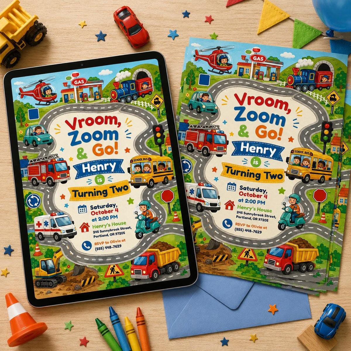 Vroom Zoom Go Birthday Invitation — birthday party stationery by VoltBy