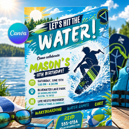 Wakeboarding 11th Birthday Invitation for Boys — editable Canva template