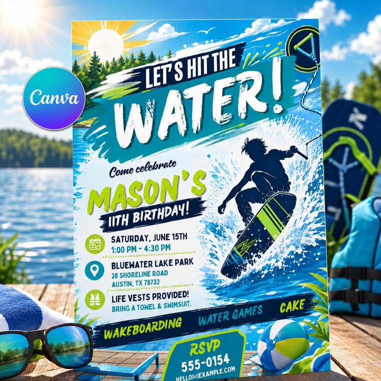 Wakeboarding 11th Birthday Invitation for Boys