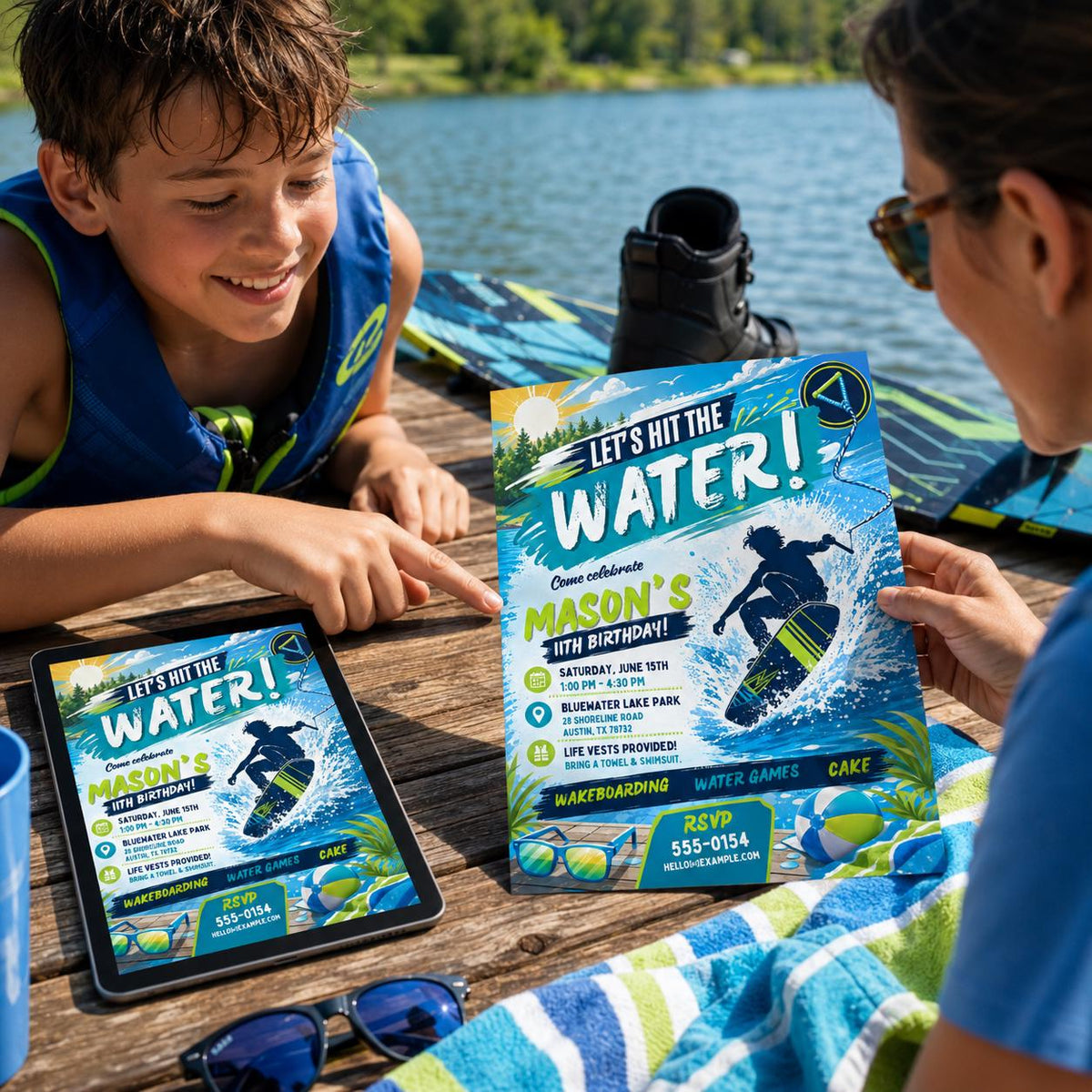 Wakeboarding 11th Birthday Invitation for Boys — sports design