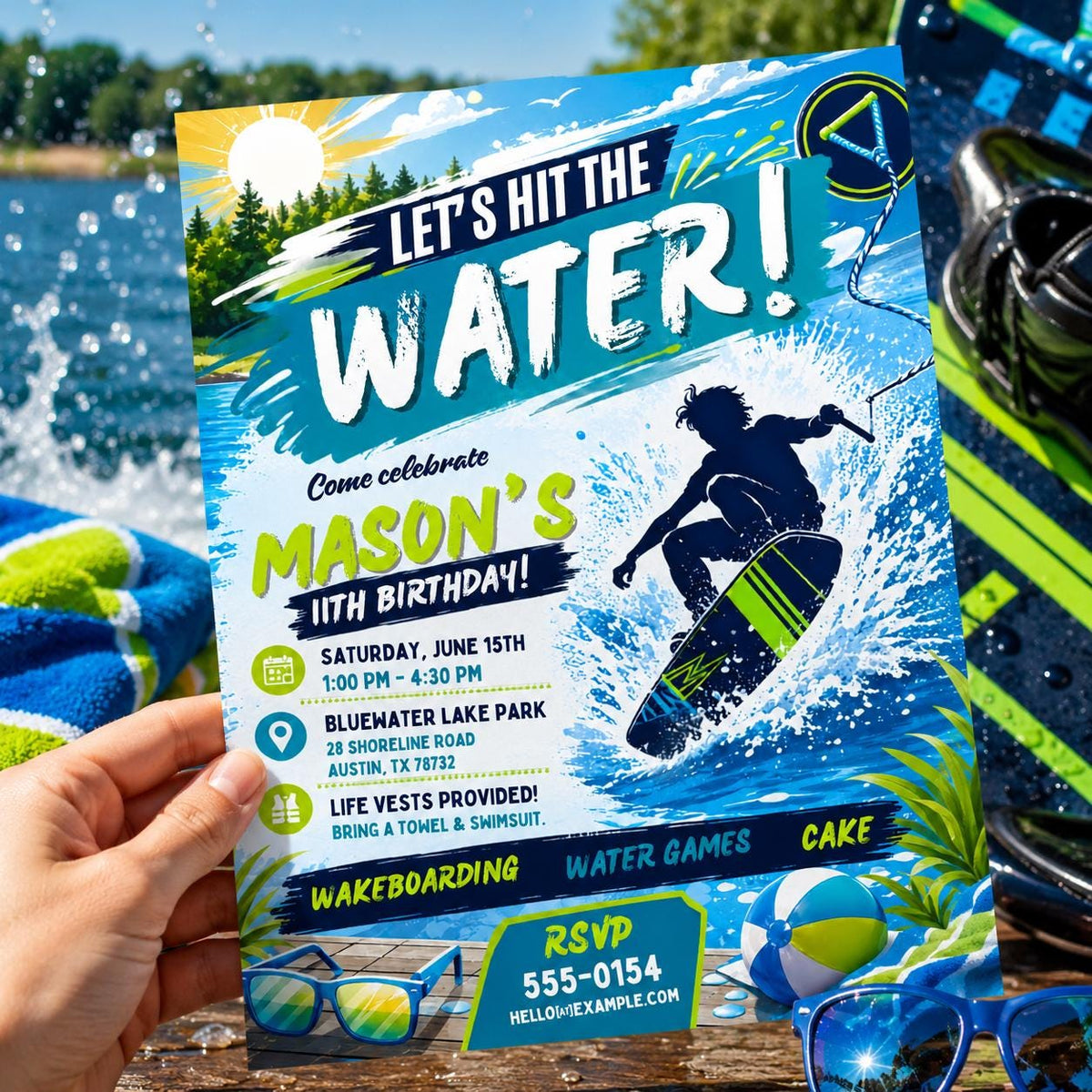 Wakeboarding 11th Birthday Invitation for Boys — invitation you personalize in Canva