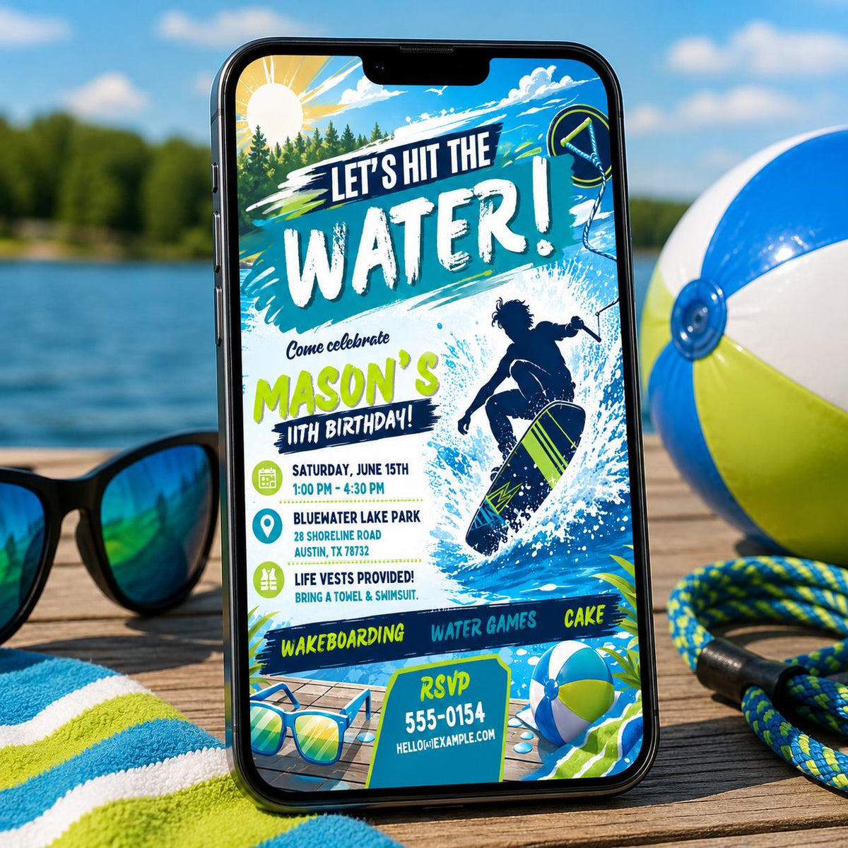 Wakeboarding 11th Birthday Invitation for Boys — print-ready 11th birthday party design from VoltBy