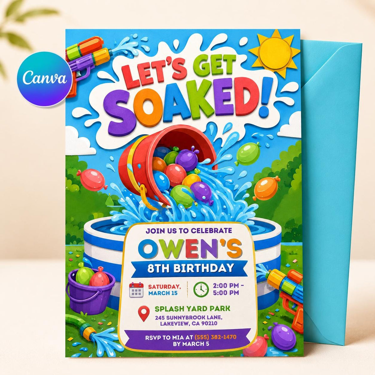 Water Balloon Birthday Invitation — editable Canva template