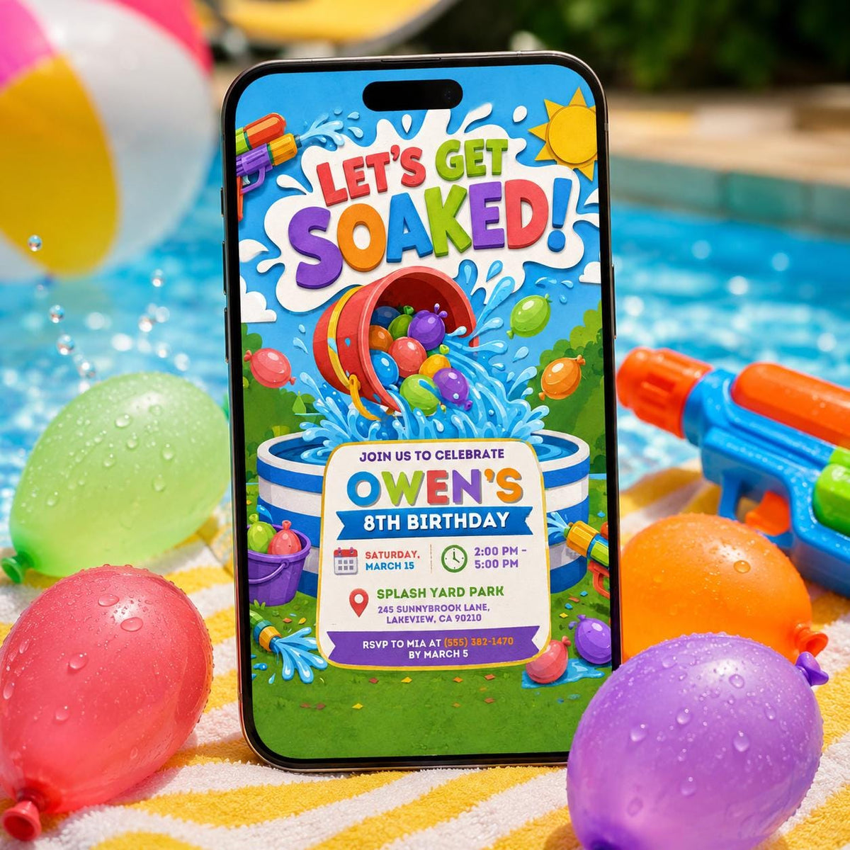 Water Balloon Birthday Invitation — print-ready birthday party design from VoltBy