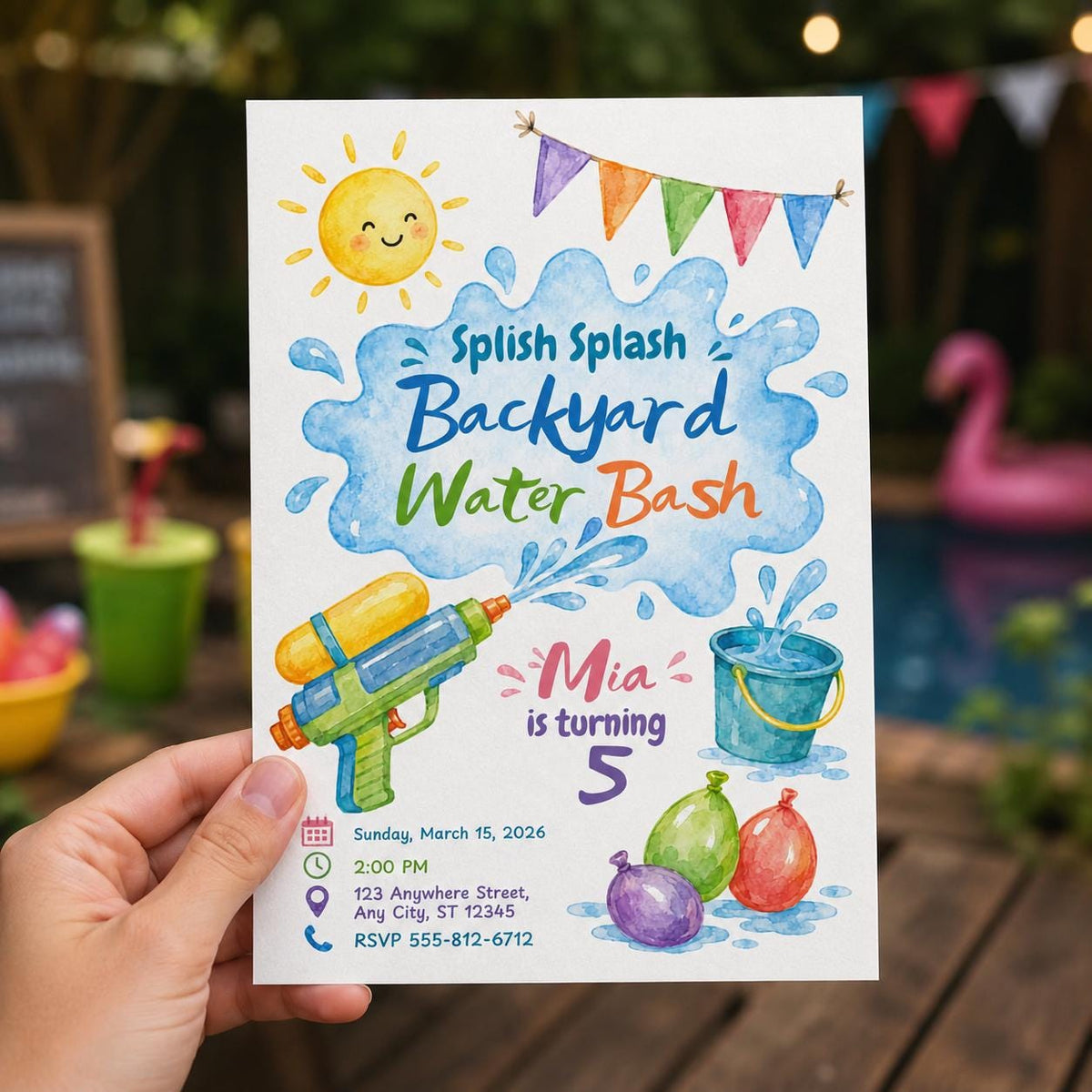 Water Gun 5th Birthday Invitation — balloon design