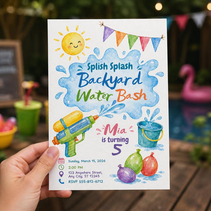 Water Gun 5th Birthday Invitation — balloon design