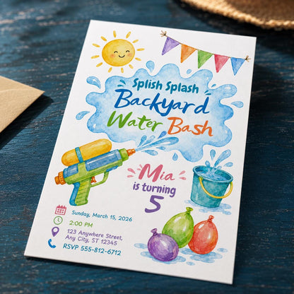Water Gun 5th Birthday Invitation — print-ready 5th birthday party design from VoltBy