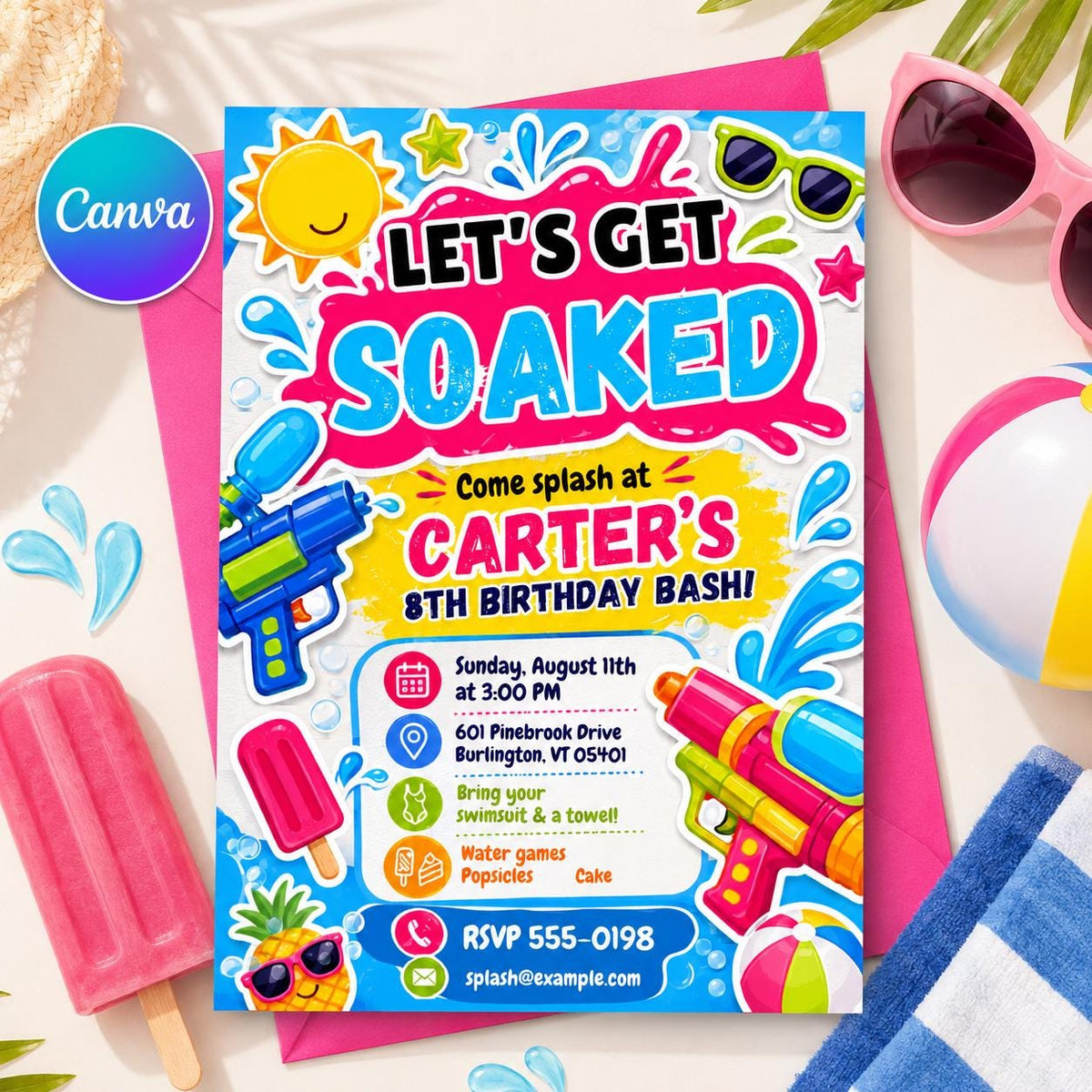 Water Gun 8th Birthday Invitation: Let's Get Soaked 8th Birthday Splash Party — editable Canva template