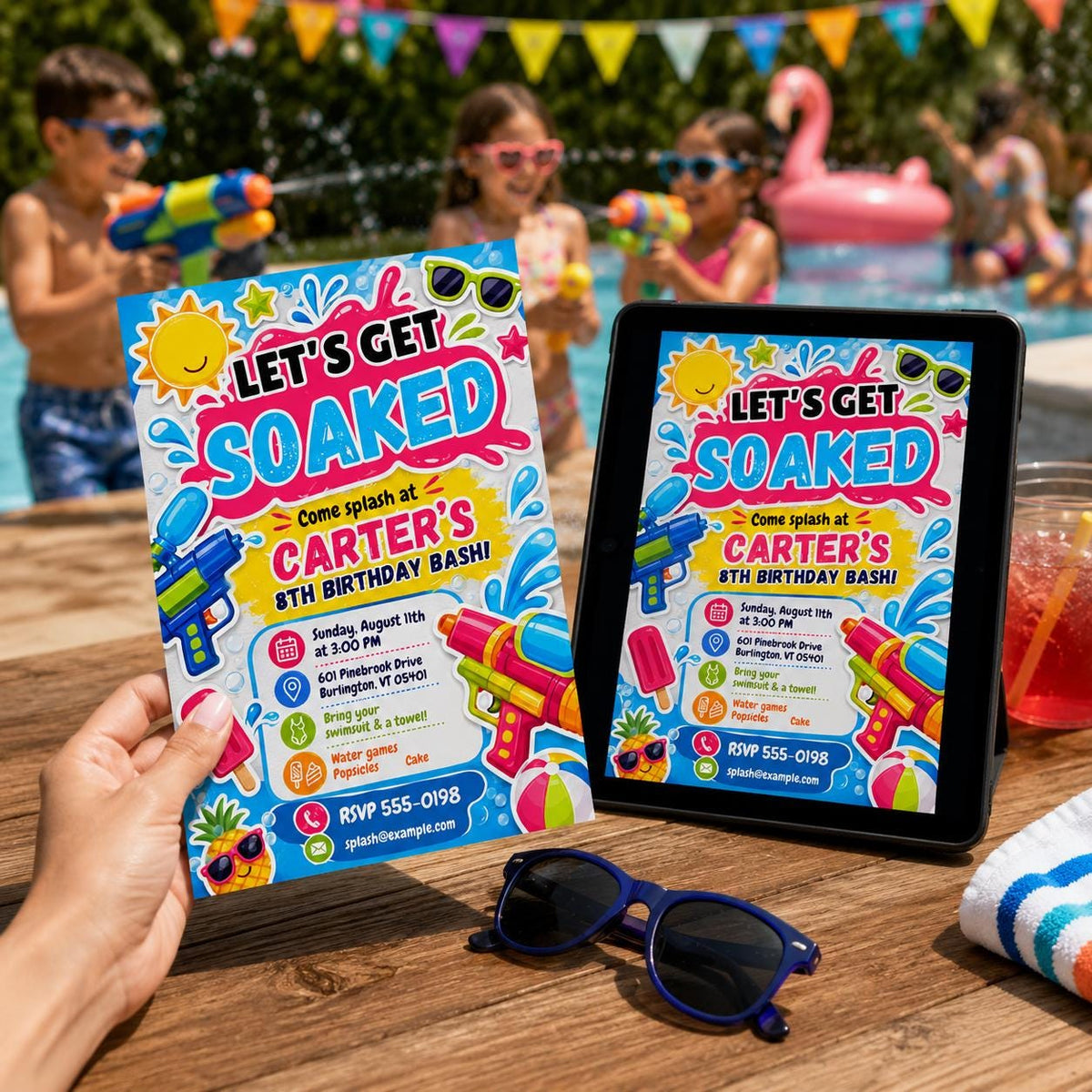 Water Gun 8th Birthday Invitation: Let's Get Soaked 8th Birthday Splash Party — invitation you personalize in Canva