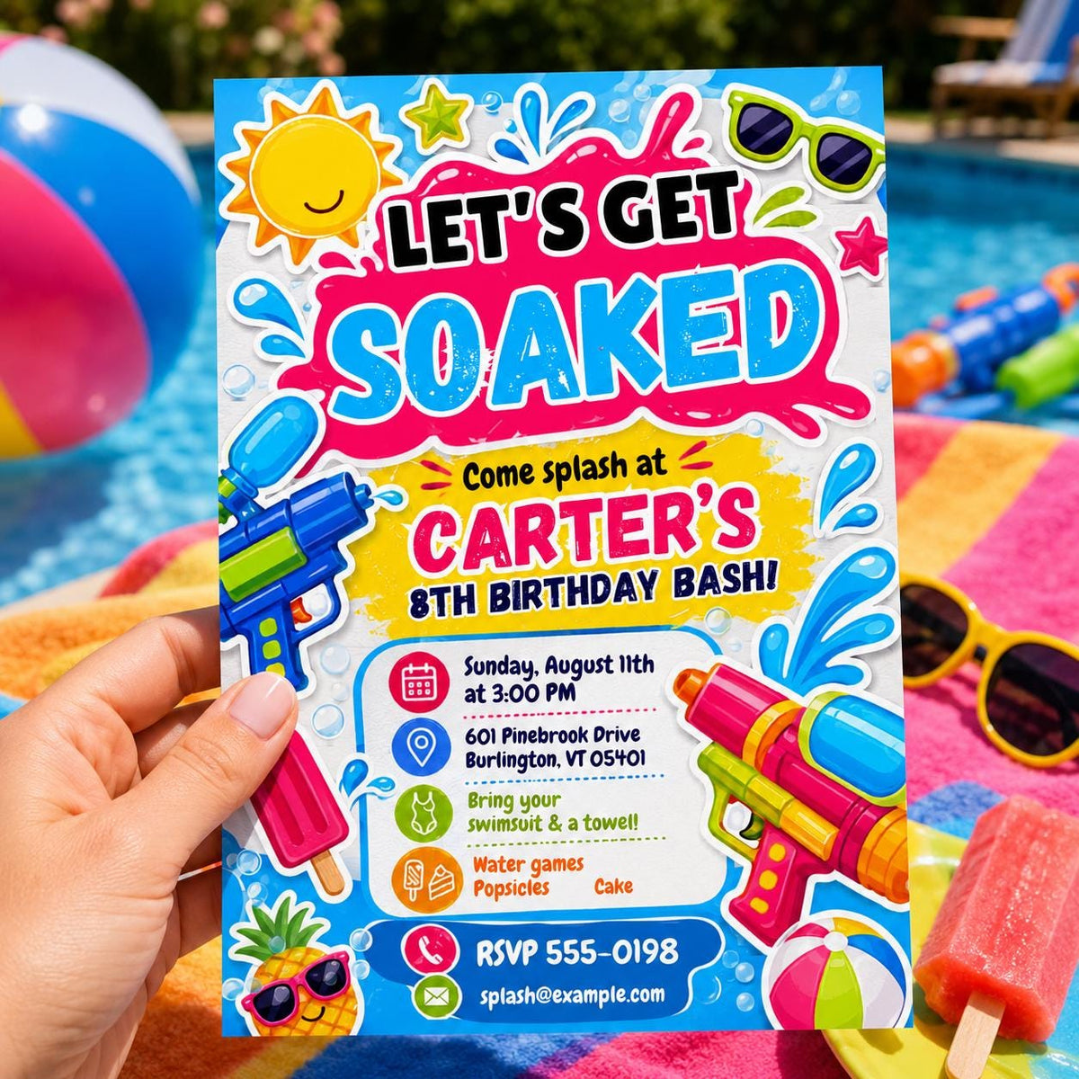 Water Gun 8th Birthday Invitation: Let's Get Soaked 8th Birthday Splash Party — print-ready 8th birthday party design