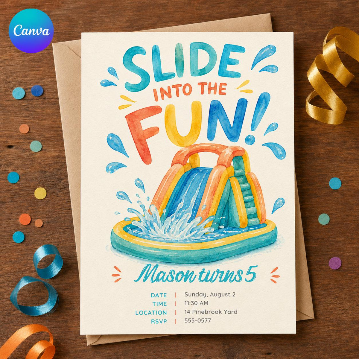 Water Slide 5th Birthday Invitation — editable Canva template
