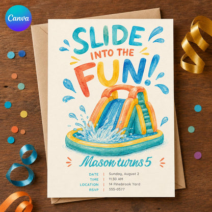 Water Slide 5th Birthday Invitation — editable Canva template
