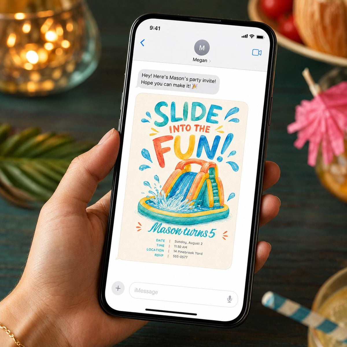 Water Slide 5th Birthday Invitation — pool design