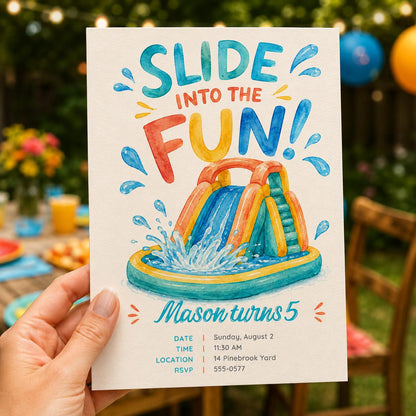 Water Slide 5th Birthday Invitation — invitation you personalize in Canva