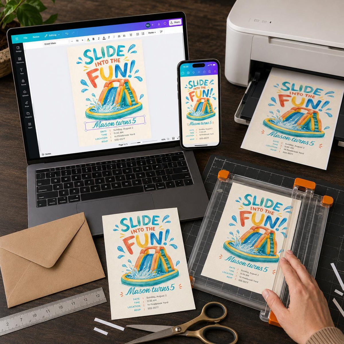Water Slide 5th Birthday Invitation — print-ready 5th birthday party design from VoltBy