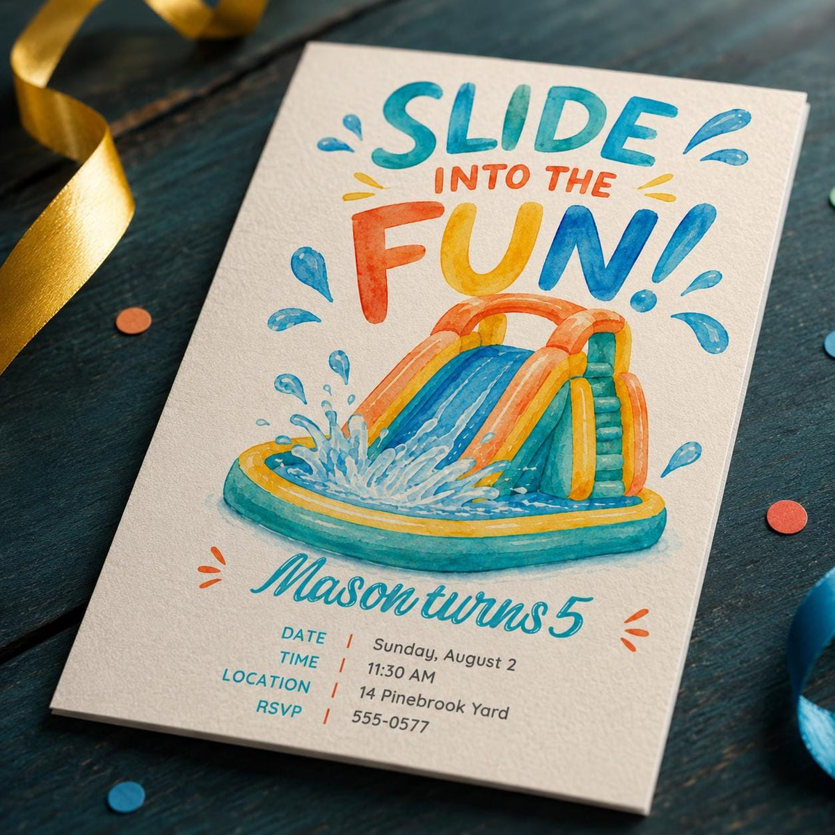 Water Slide 5th Birthday Invitation — digital invitation, instant download
