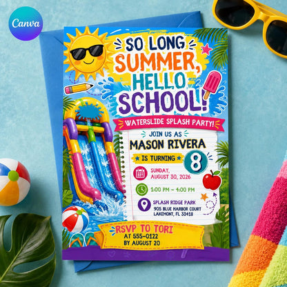 Water Slide 8th Birthday Invitation — editable Canva template