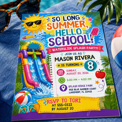 Water Slide 8th Birthday Invitation — pool design