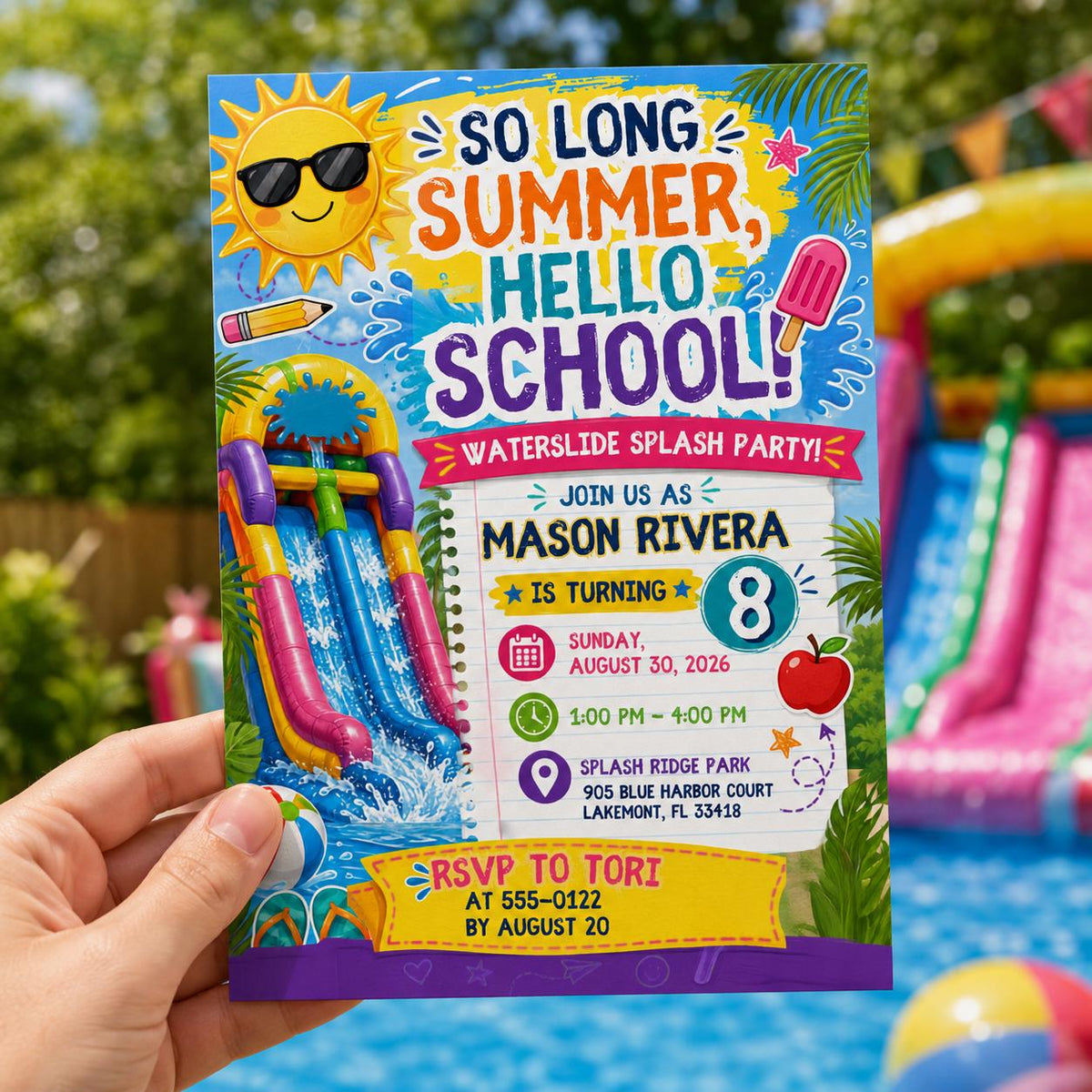 Water Slide 8th Birthday Invitation — invitation you personalize in Canva