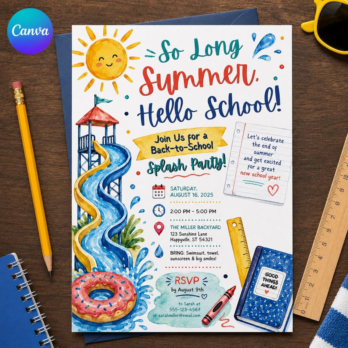 Water Slide Back to School Pool Party Invitation — editable Canva template