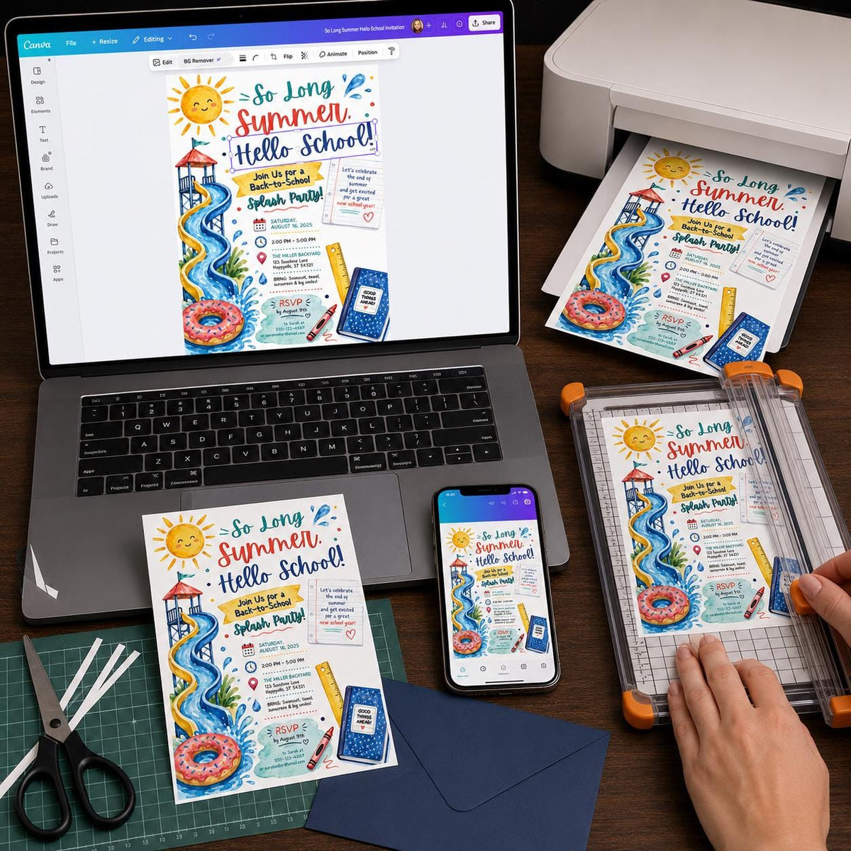 Water Slide Back to School Pool Party Invitation — print-ready back-to-school event design from VoltBy