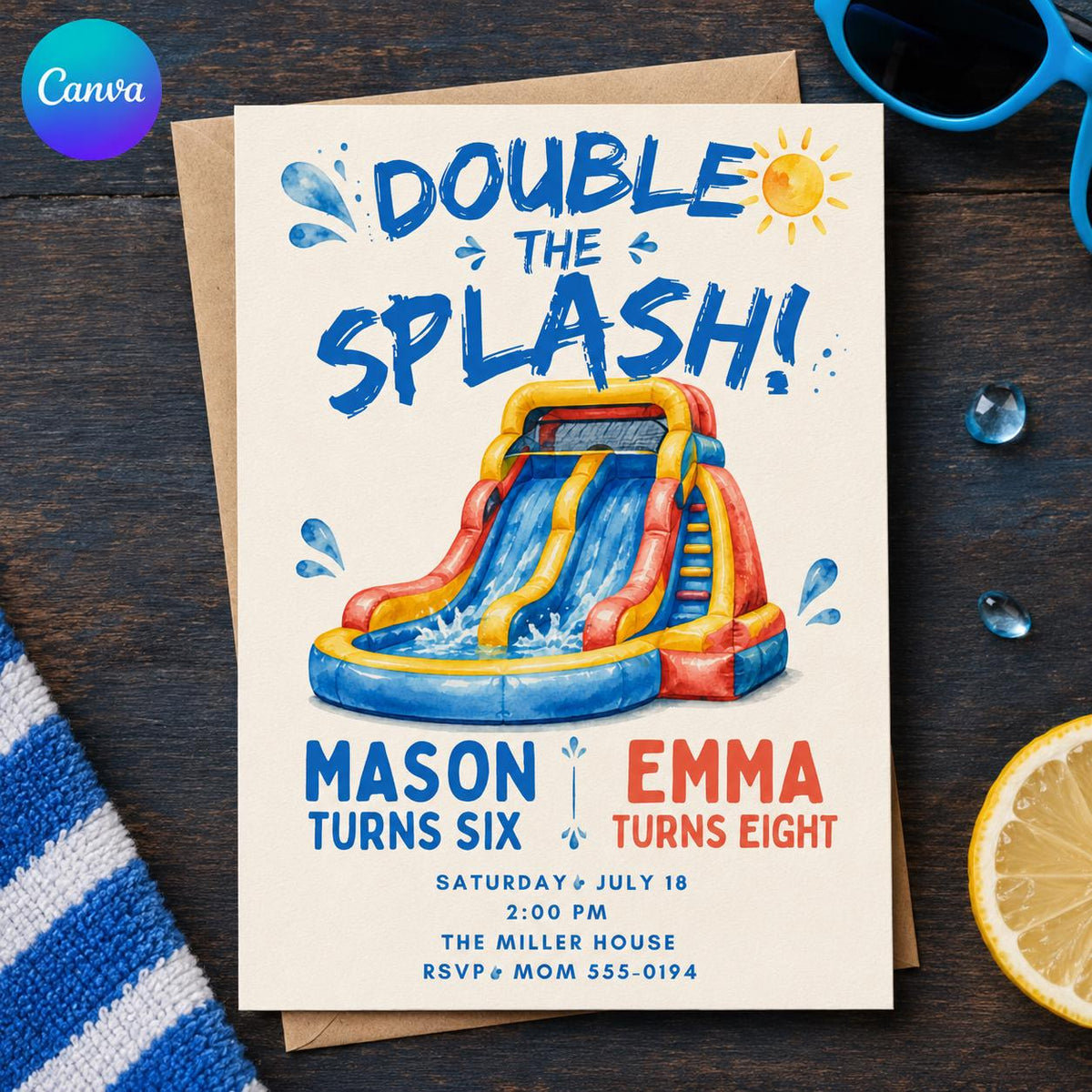Water Slide Birthday Invitation — editable Canva template