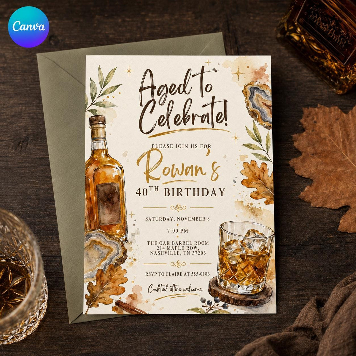 Watercolor 40th Birthday Whiskey Invitation — editable Canva template