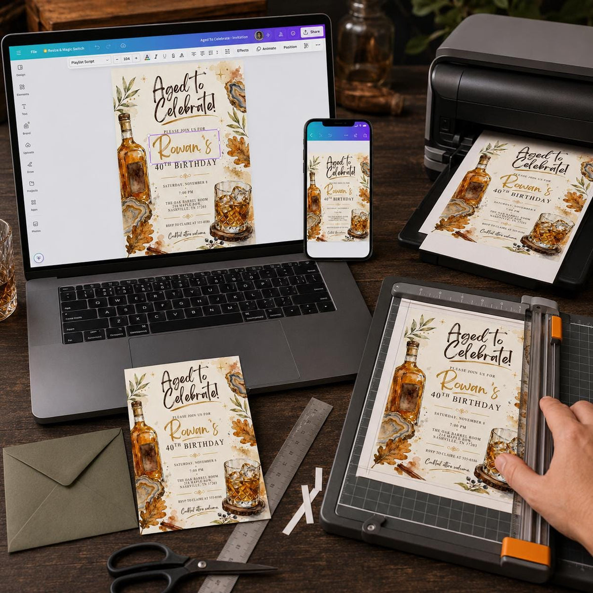 Watercolor 40th Birthday Whiskey Invitation — invitation you personalize in Canva