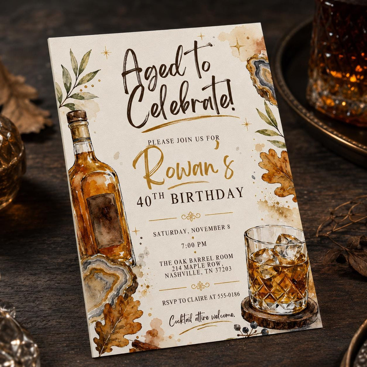 Watercolor 40th Birthday Whiskey Invitation — print-ready 40th birthday party design from VoltBy