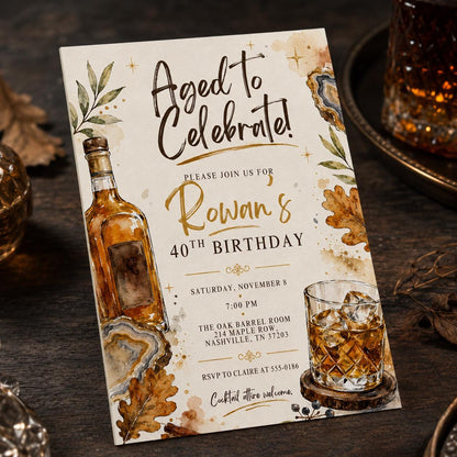 Watercolor 40th Birthday Whiskey Invitation — print-ready 40th birthday party design from VoltBy
