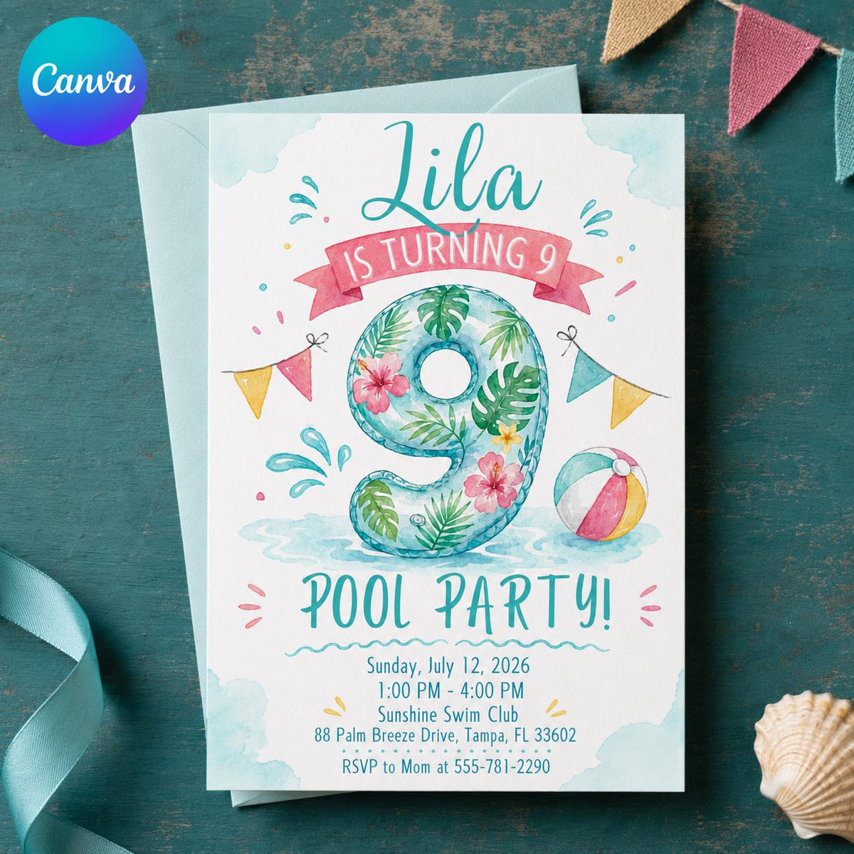 Watercolor 9th Birthday Pool Party Invitation — editable Canva template