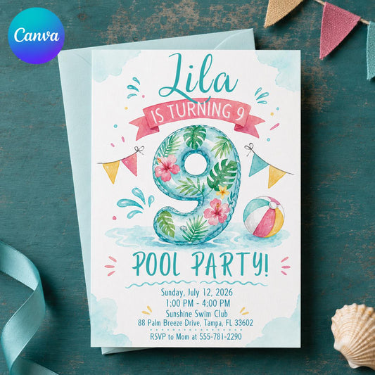 Watercolor 9th Birthday Pool Party Invitation — editable Canva template