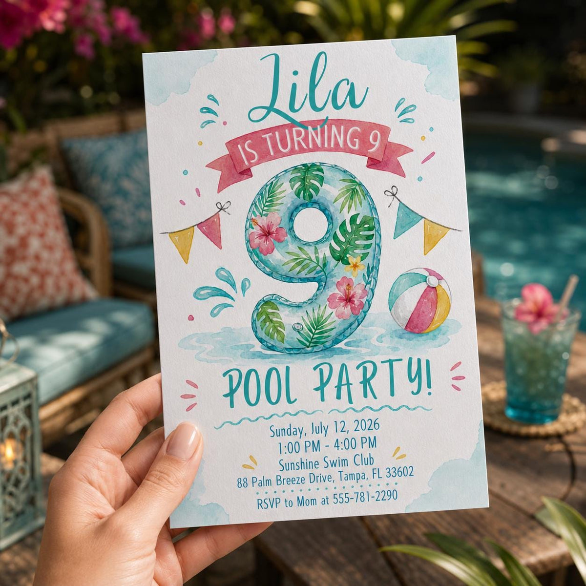 Watercolor 9th Birthday Pool Party Invitation — tropical design