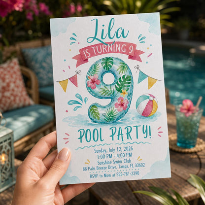 Watercolor 9th Birthday Pool Party Invitation — tropical design
