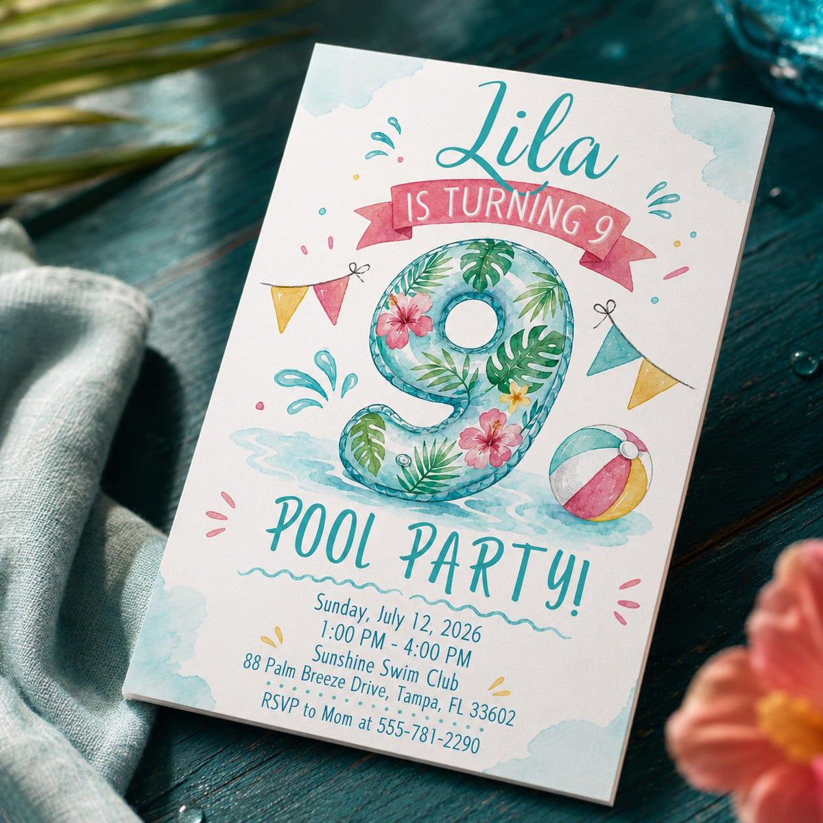 Watercolor 9th Birthday Pool Party Invitation — print-ready 9th birthday party design from VoltBy